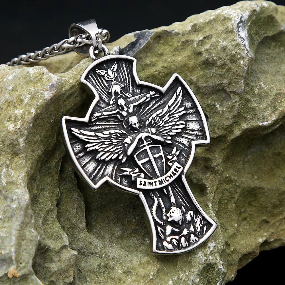 St. Michael Cross Stainless Steel Men's Pendant Necklace