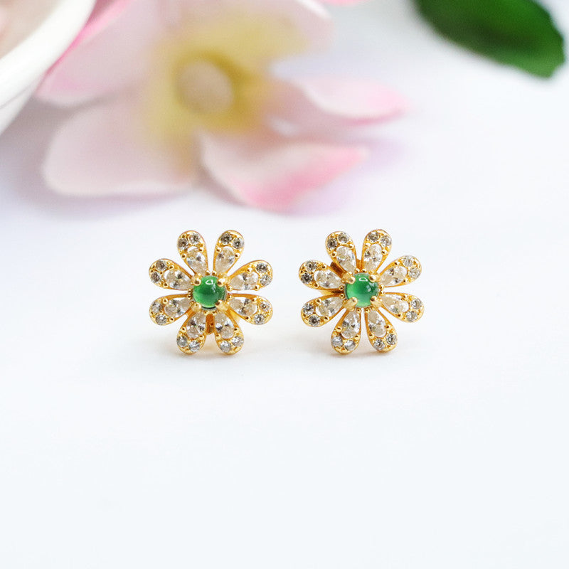 Icy Green Jadeite Eight-Petal Flower Stud Earrings