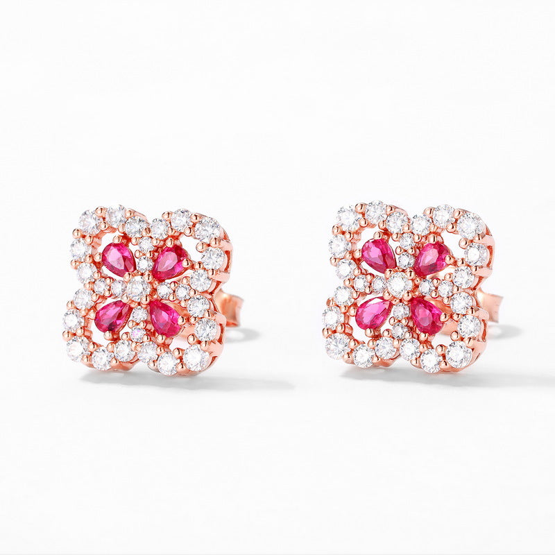 S925 Sterling Silver Lab-Grown Ruby Four-Leaf Clover Stud Earrings