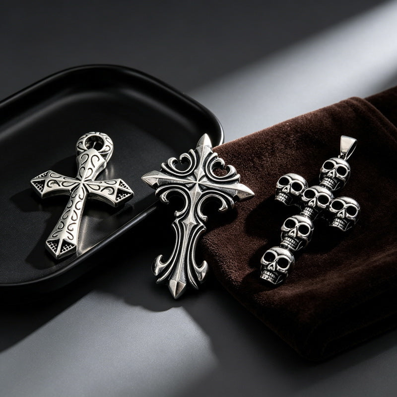Cross Flower Pendant, Punk Style Goth Smear Skull Cross Stainless Steel Men's Pendant Necklace