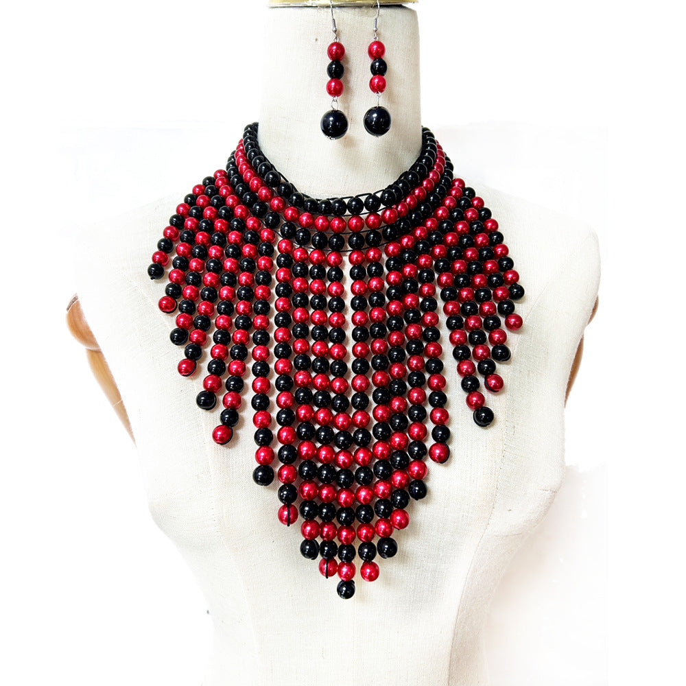Exaggerated Triangular Scarf Necklace with Multi-layer Tassels and Imitation Pearl Accents