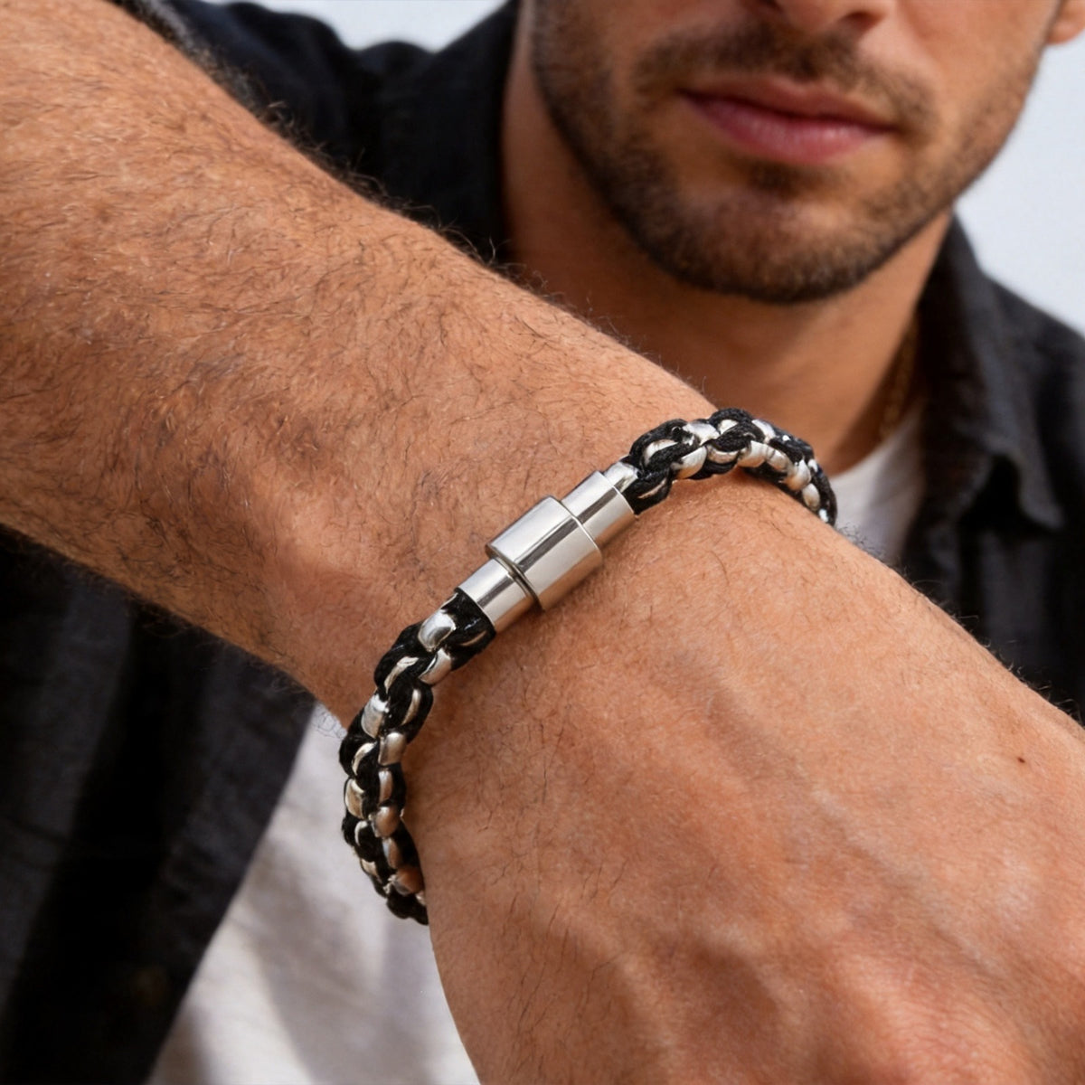 Pearl Braided Stainless Steel Bracelet for Men
