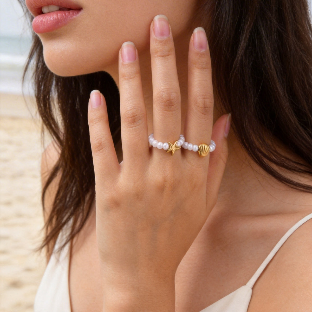 Stainless Steel Starfish Shell Imitation Pearl Summer Seaside Vacation Wind Ring