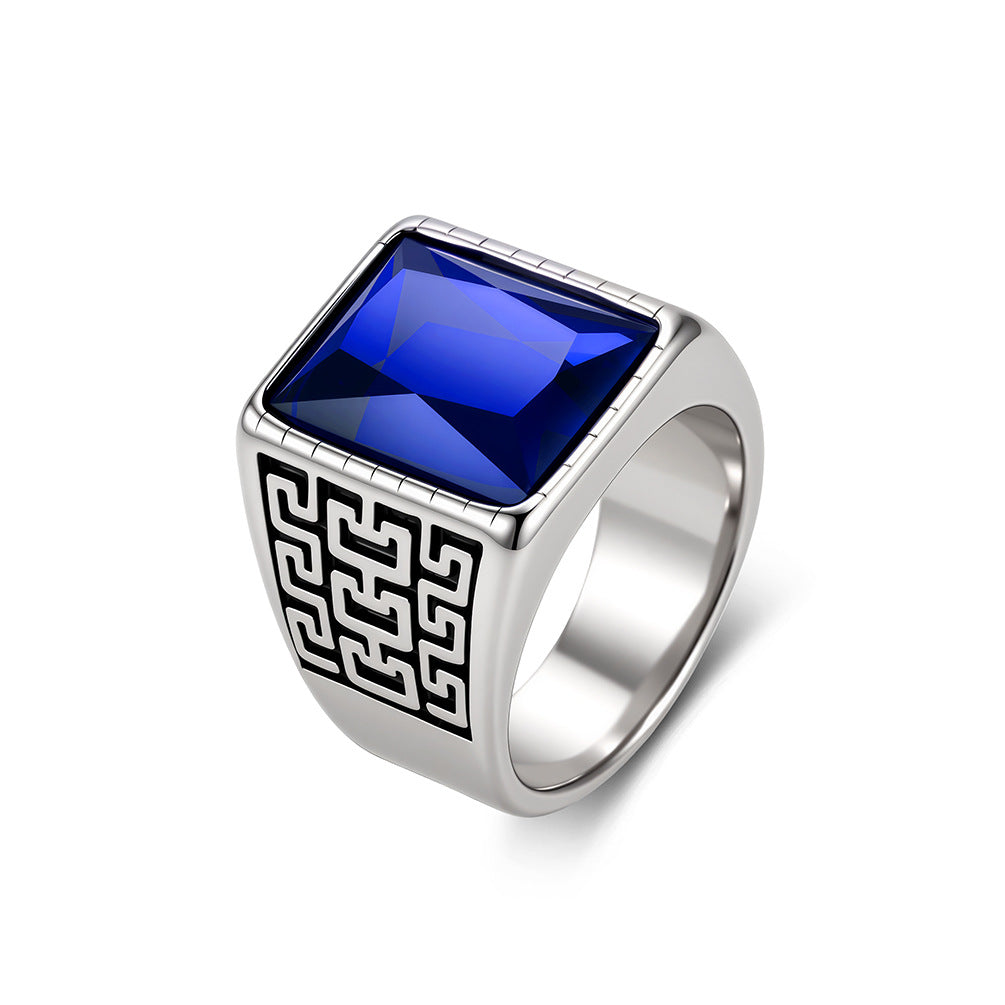 Textured Square Multi-Color Gemstone Stainless Steel Ring Men's Stainless