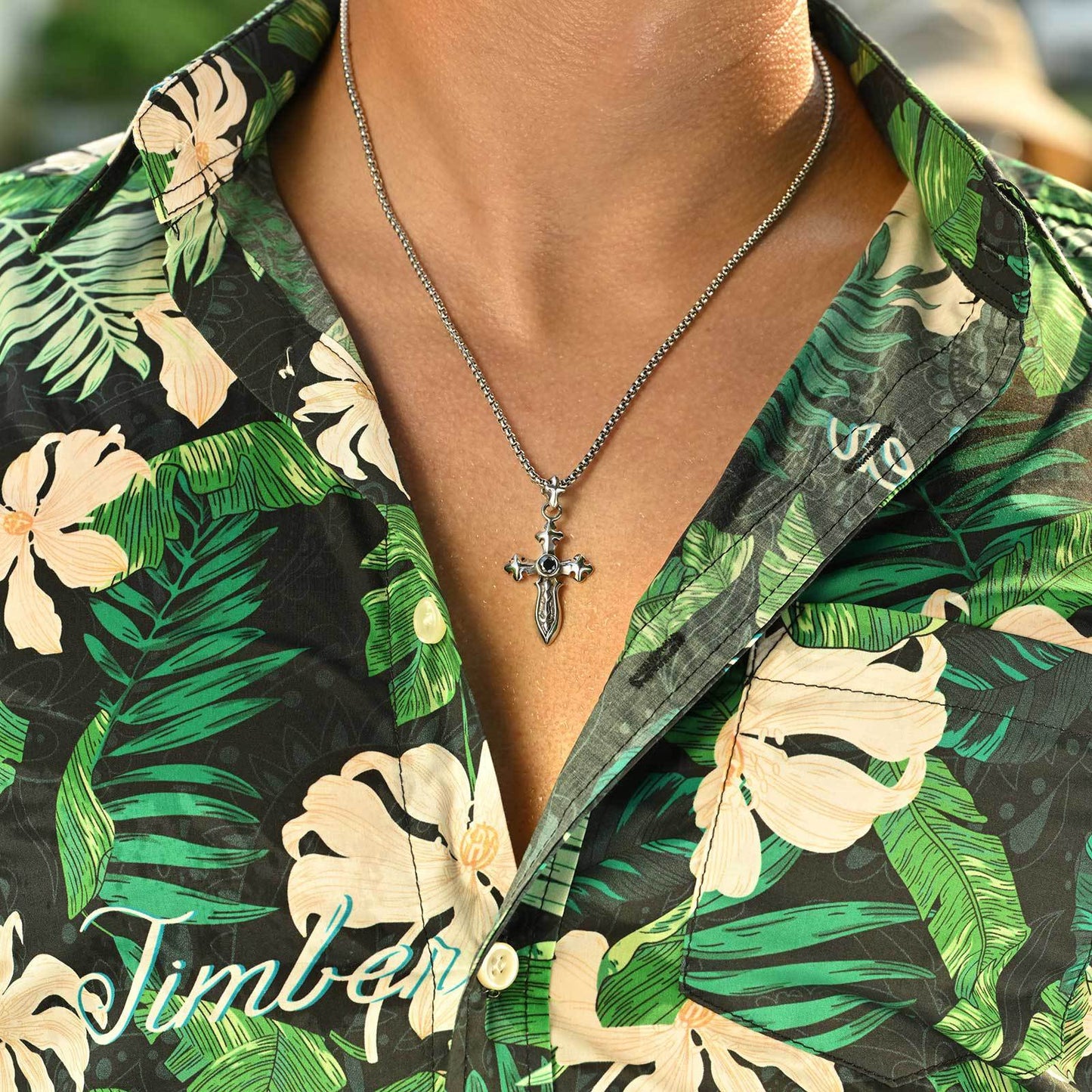 Planderful Retro Zircon Cross Sword Necklace Stainless Men