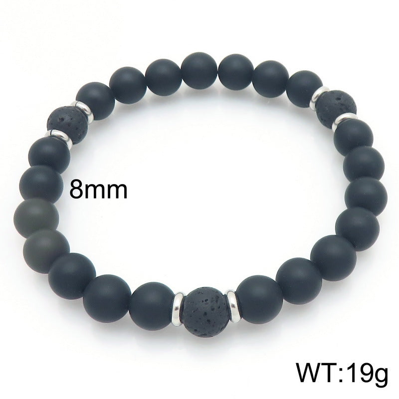 Stainless Steel Bracelet – Punk Volcanic Stone Frosted Black Agate Elastic Rope Handmade
