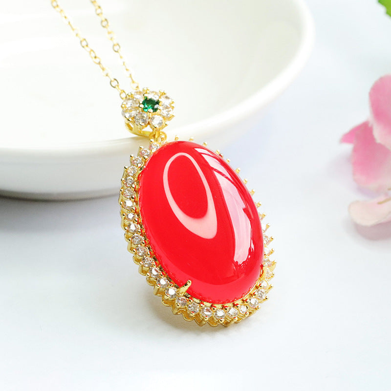 Pigeon Eggs Red Agate Pendant Zircon Halo Necklace