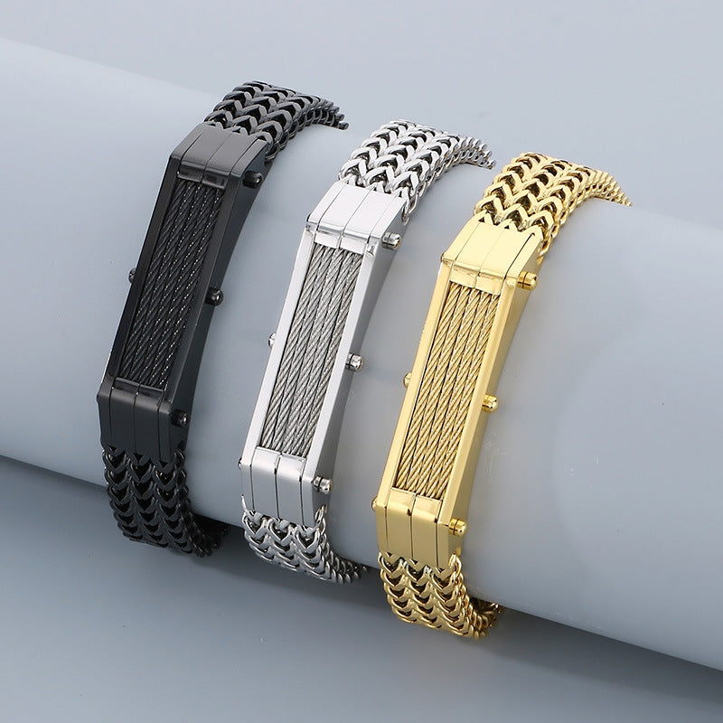 High-End Hip-Hop Men's Bracelet with Dual-Sided Design and Curved Brand Lines
