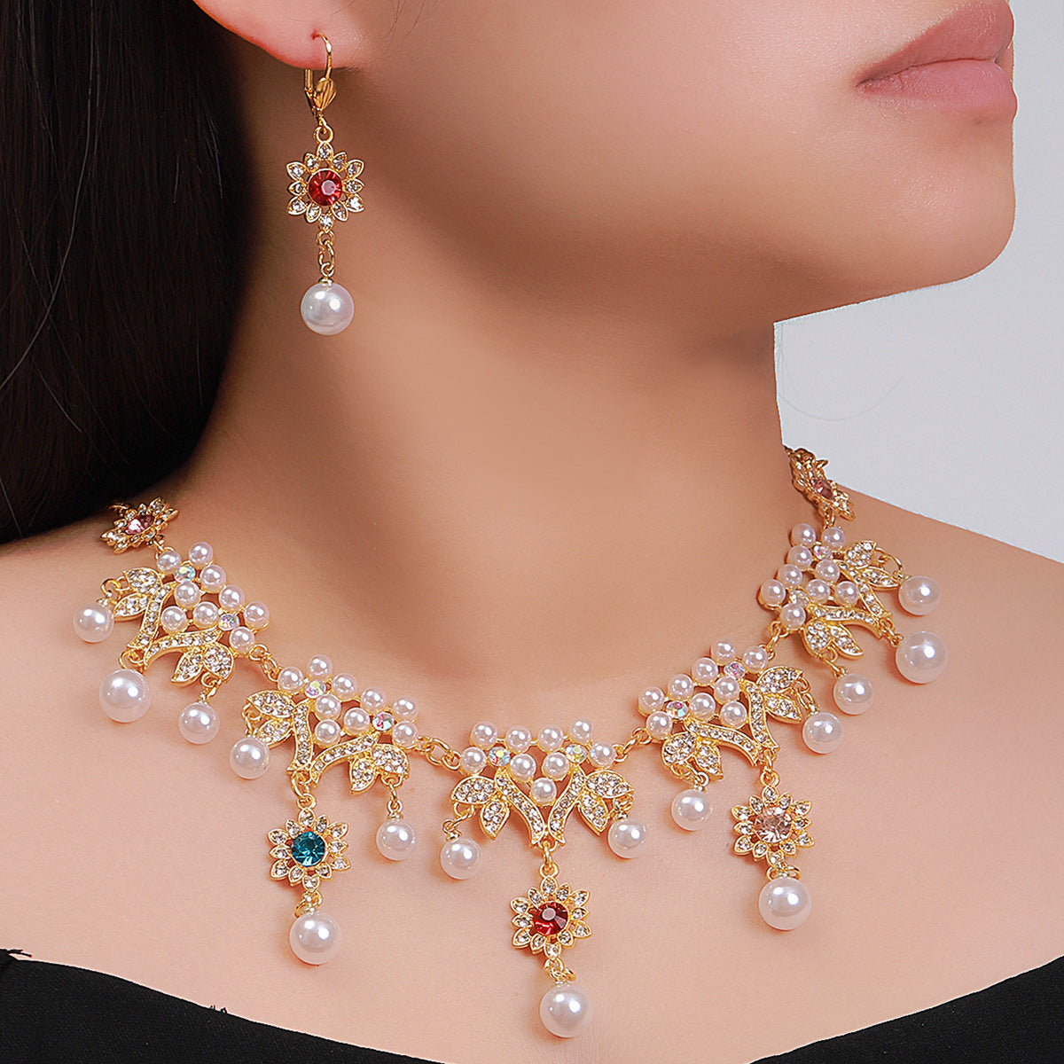 Enchanted Palace Pearl Crown Necklace and Earrings Set for Bridal Jewelry - Royal Collection