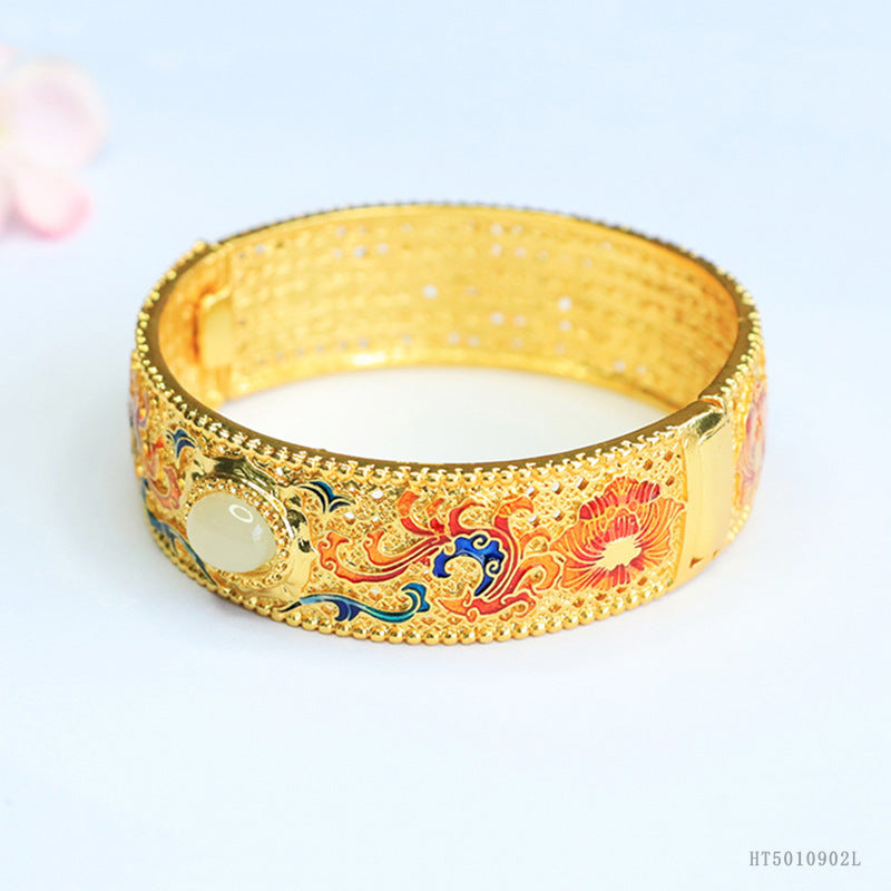 Qingshui Hetian Jade Enamel Dragon & Phoenix Bangle