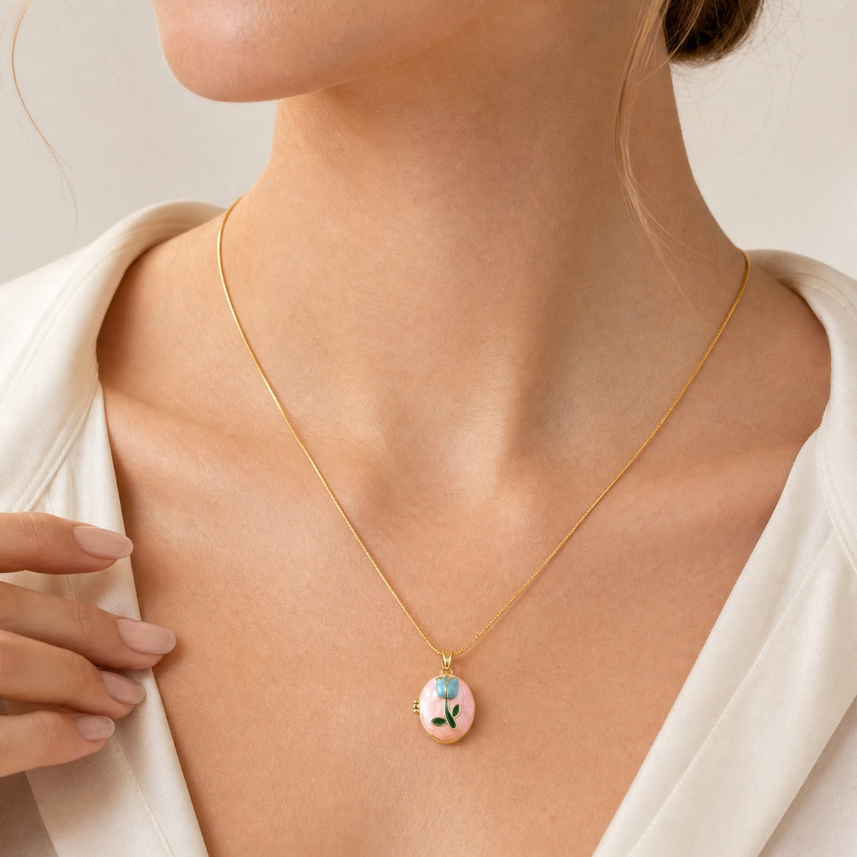 Pink & Blue Oil Drop Flower Photo Box Necklace Copper Material Can Be Opened & Closed