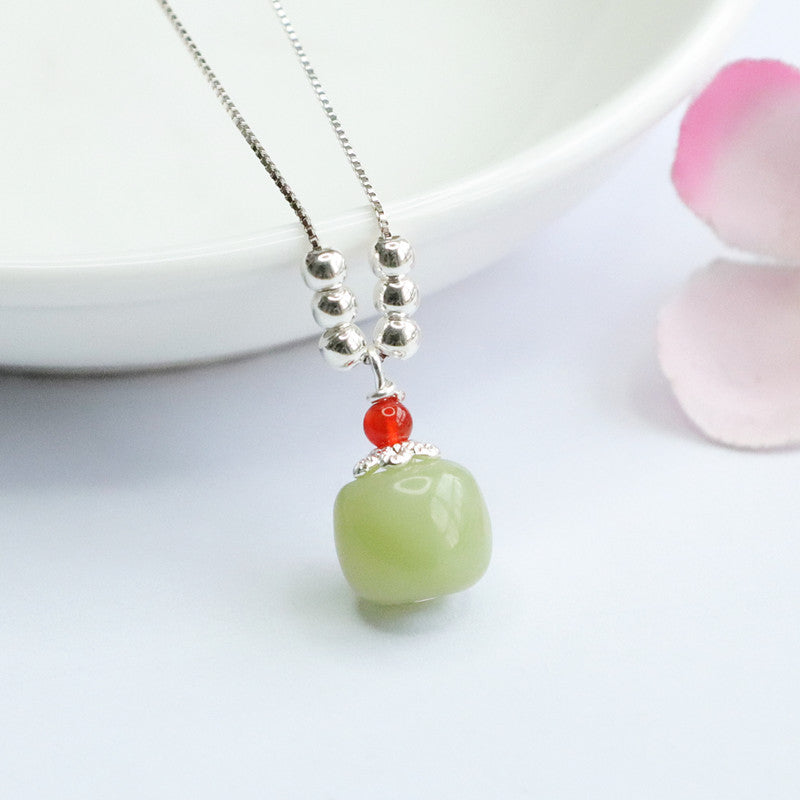 Hetian Jade Sterling Silver Bucket Beads Necklace