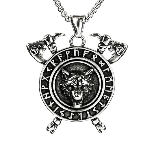 Vintage Viking Men's Rune Wolf Head Pendant Double Ax