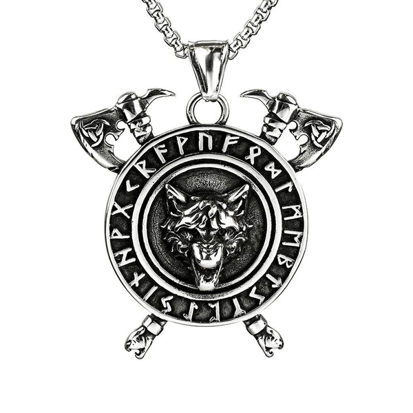 Vintage Viking Men's Rune Wolf Head Pendant Double Ax