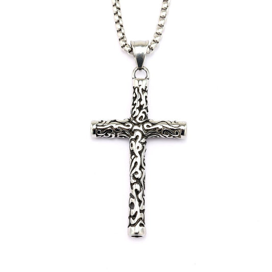 Planderful Retro Cross Pendant Unisex Double Sided Engraved Stainless Steel Necklace