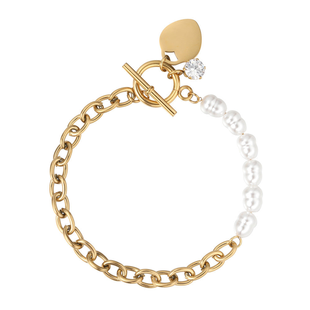 Pearl Peach Heart Titanium Steel Bracelet For Women Planderful Everyday Genie Statement Jewelry