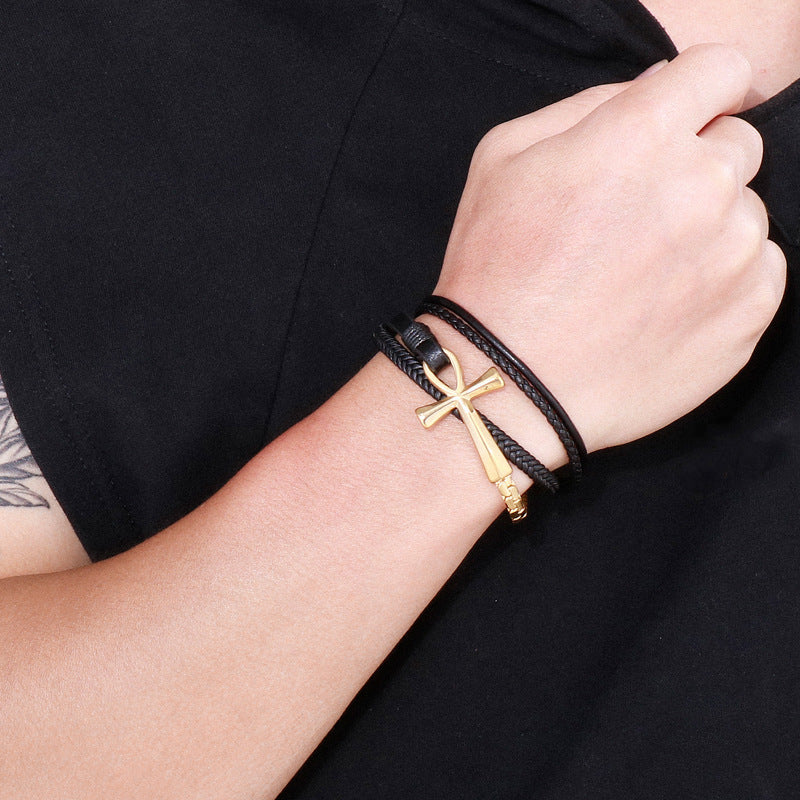 Planderful Mens Cross Stainless Cowhide Bracelet Talisman