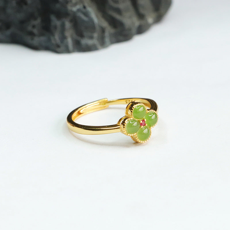 Fortune's Favor S925 Silver Natural Hotan Jade Four Leaf Clover Jasper Ring