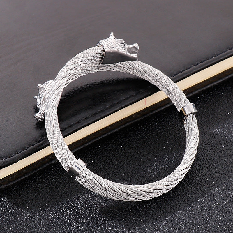 Steel Wire Double Wolf Head Titanium Steel Men's Bracelet