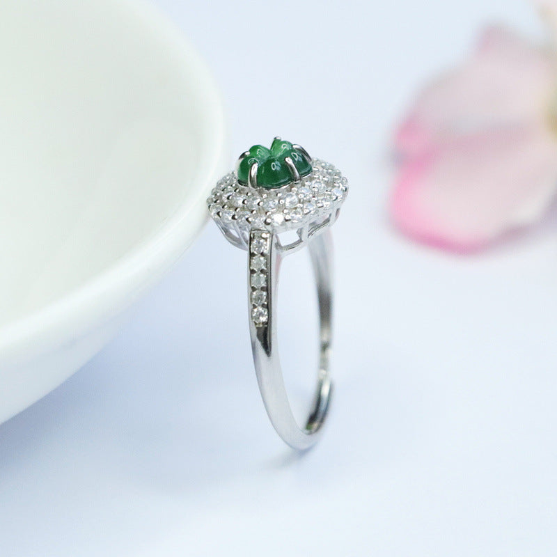 Sterling Silver Adjustable Ring with Ice Green Jade Flower Detail