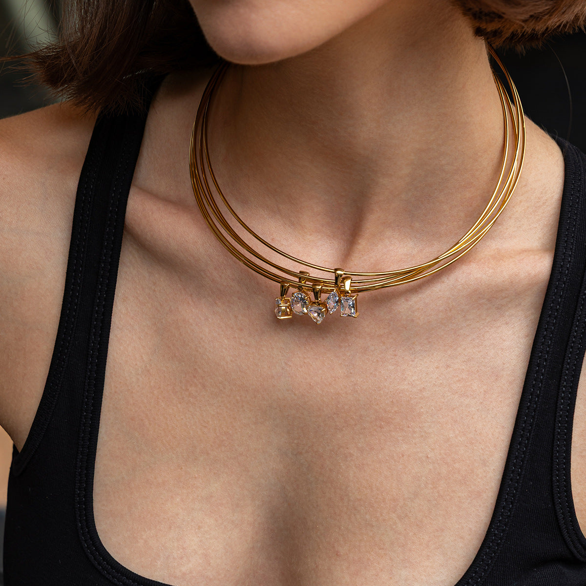 Pvd Gold-Plated Glossy Collar Collar Light Luxury Zircon Geometric Pendant Choker Necklace