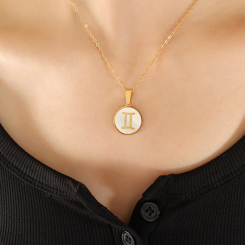 Celestial Zodiac Necklace Set with White Sea Shell Pendant - Titanium Steel Gold Plated Women's Jewelry