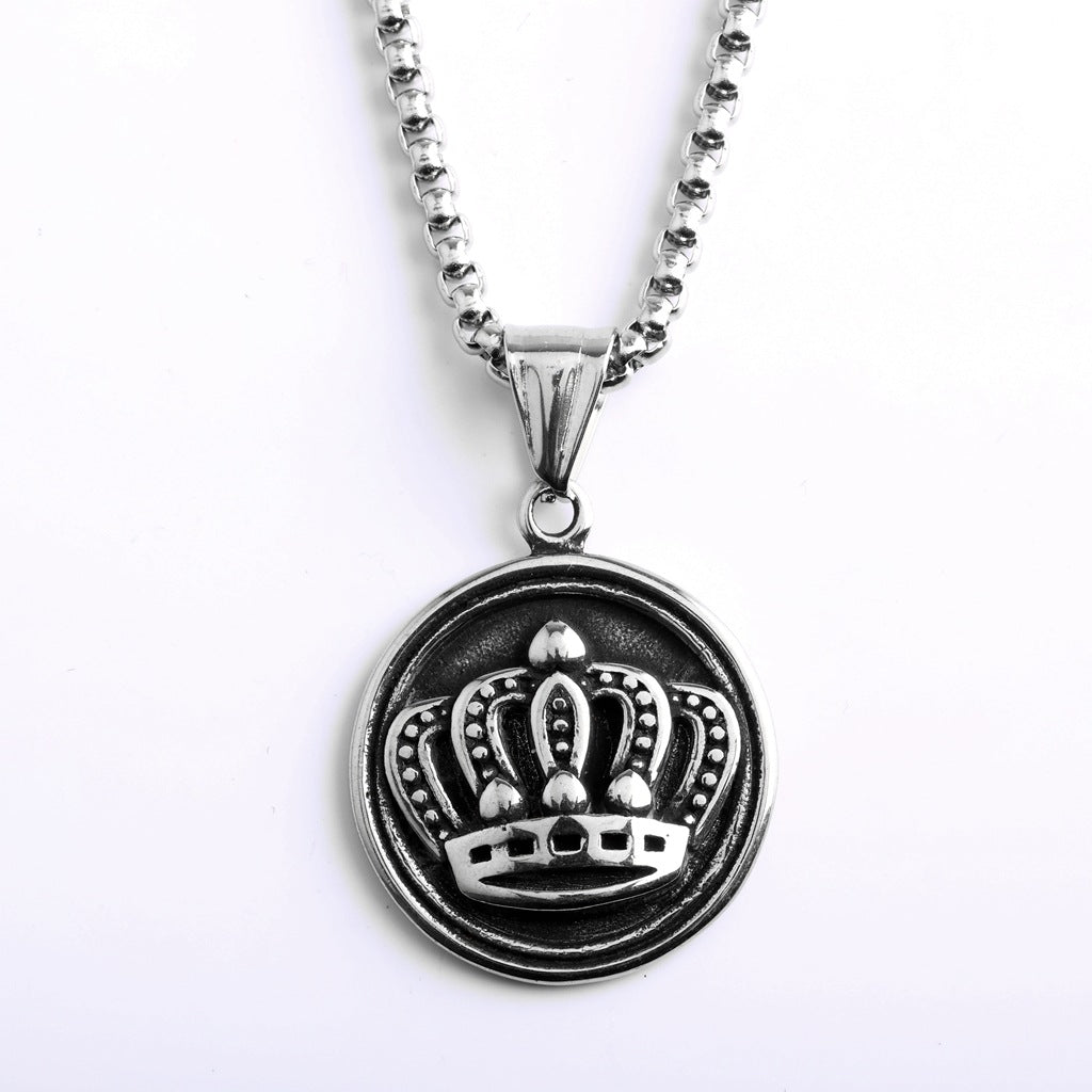 Vintage Crown Stainless Steel Pendant Necklace