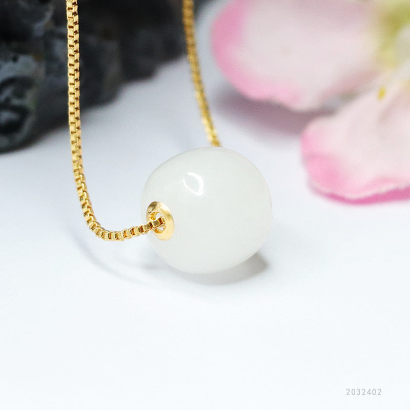 Plated Gold-Set Hetian Jade Vintage Bead Pendant — No Chain