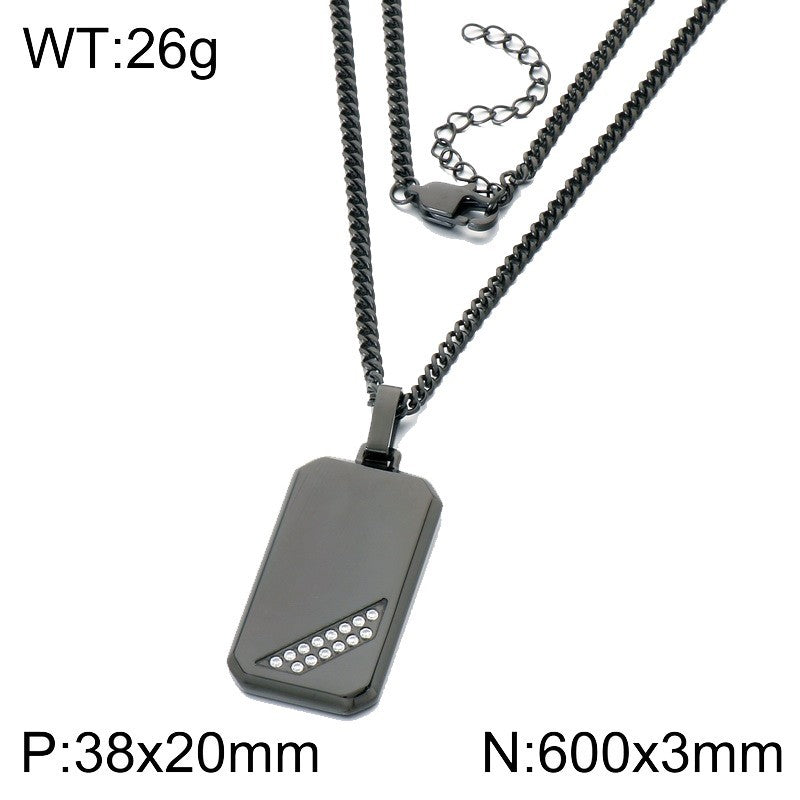 Hip-Hop Style Square Inlaid Double-Row Zircon Pendant Stainless Steel Smooth Military Brand Double-Sided Necklace