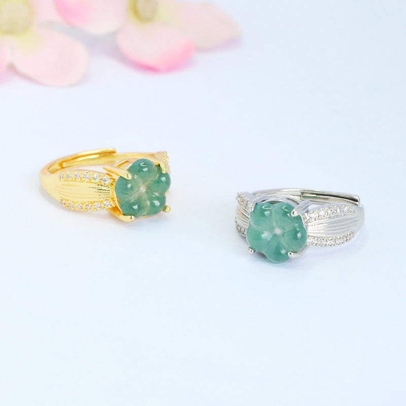 Blue Water Jadeite Four-Leaf Clover 10 mm Ring
