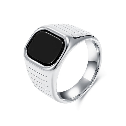 Planderful Men Titanium Steel Ring Black Glass Gem Edition