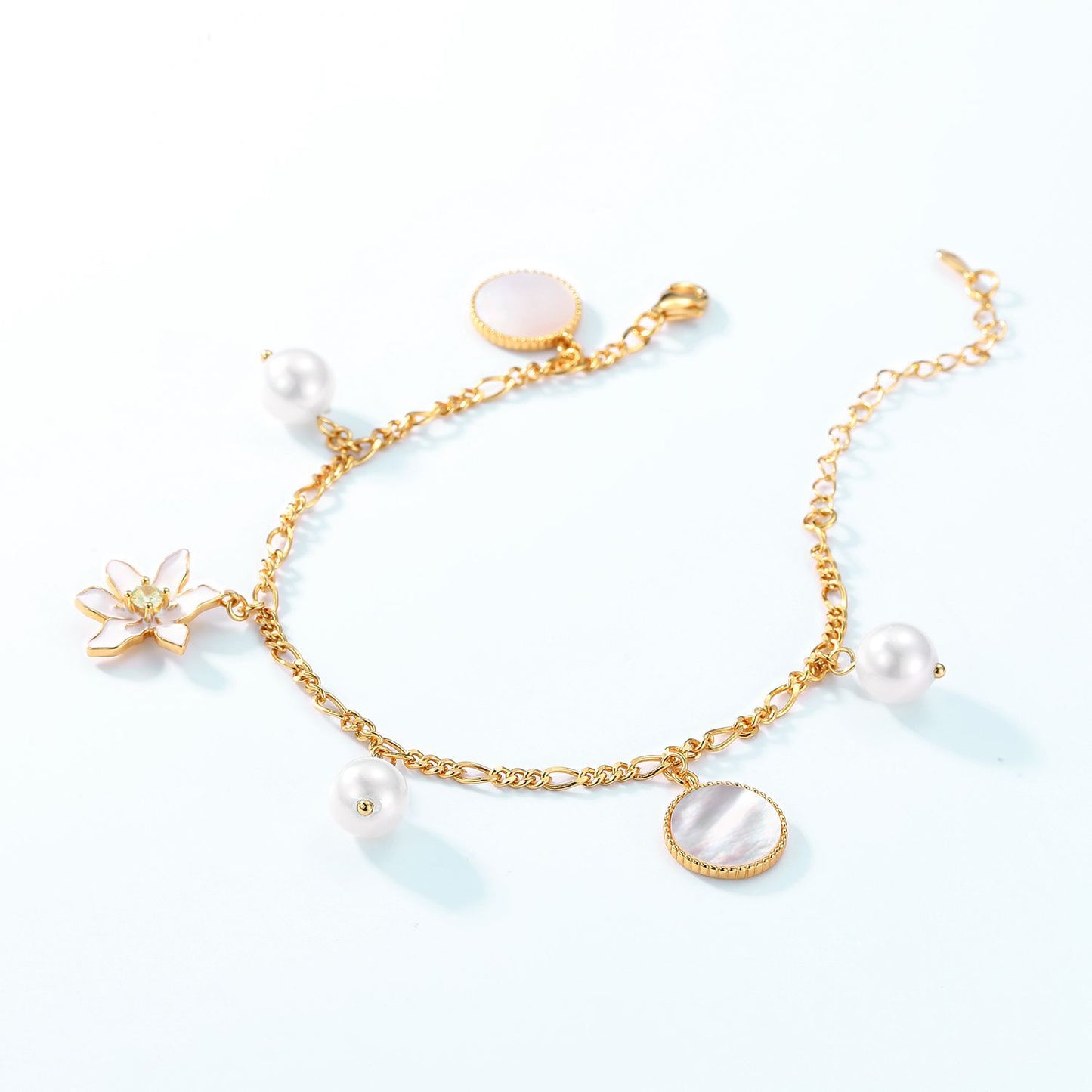 White Daffodil Mother of Pearl and Round Pearl Sterling Silver Bracelet