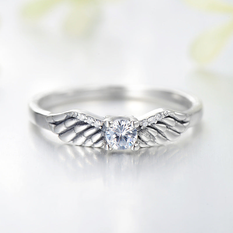 Retro Sterling Silver Angel Wing Ring with Zircon Gems