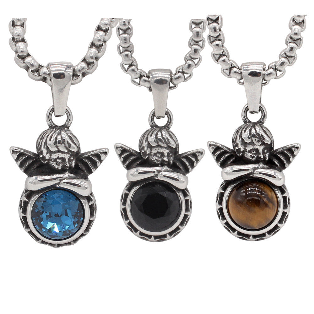 Planderful Everyday Genie – European and American Retro Little Angel Eros Titanium Steel Pendant Necklace for Men