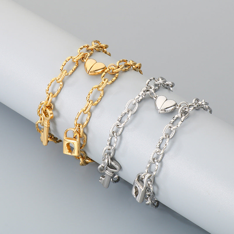 Key Love Magnet Titanium Steel Bracelet – Design Heart Lock Couple