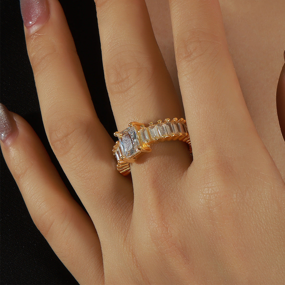 Luxurious Copper Geometric Zircon Ring - Stylish Open Ring Jewelry for Women