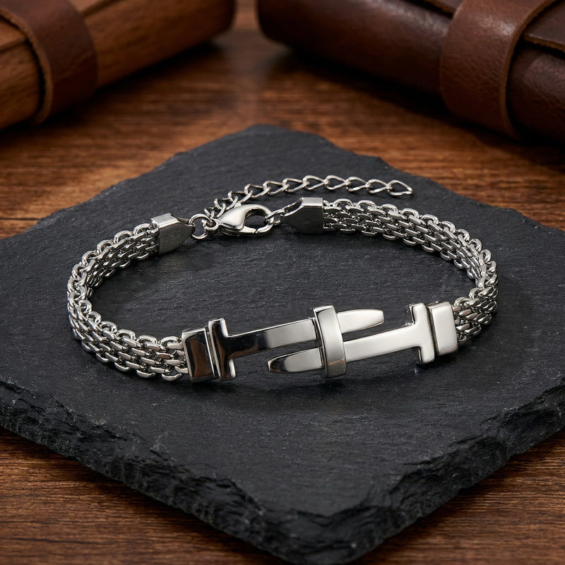 Style Buckle With Extension Chain Bracelet – Cross Curved Bar Mesh Chain Stainless Steel