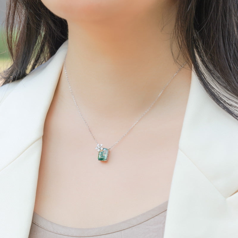 S925 Sterling Silver Moss Agate Flower Necklace