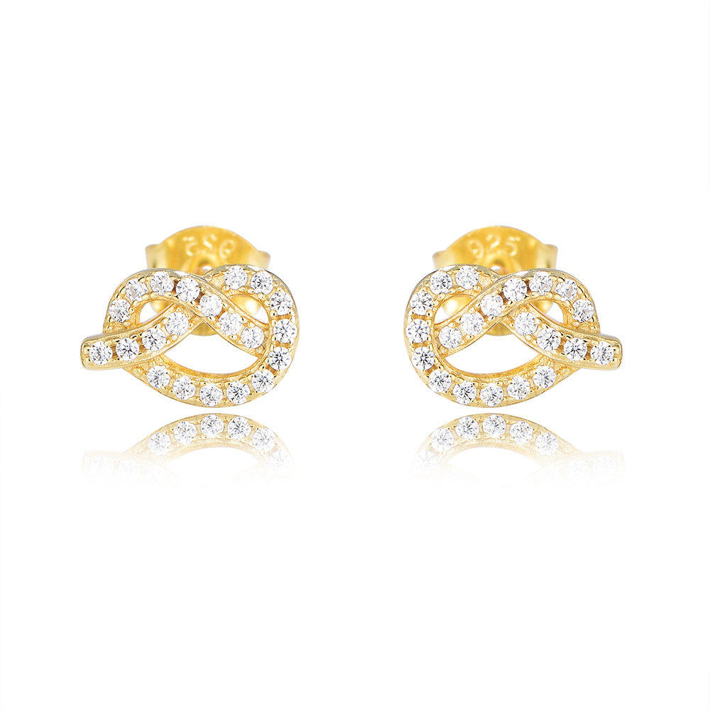 S925 Silver Knotted Rope Knot Geometric Zircon Stud Earrings Design Mini Earrings