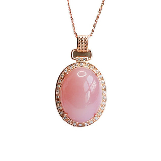 Natural Pink Agate Pigeon Eggs Pendant Necklace with Zircon Halo in S925 Silver