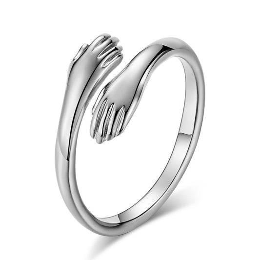Planderful Titanium Steel Ring Unisex Retro Two Hands Embrace Geometric Design Gift Idea