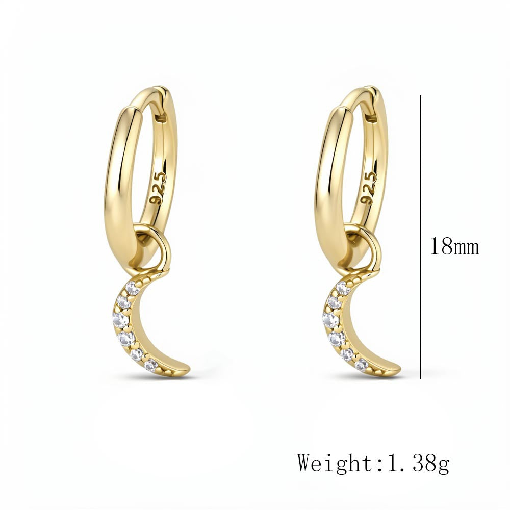 S925 Sterling Silver Small Micro-Inlaid Zircon Moon Earrings