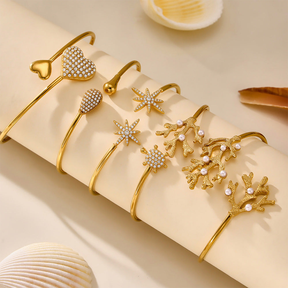 Planderful Coral Bead Opening Bracelet For Women 18K Gold