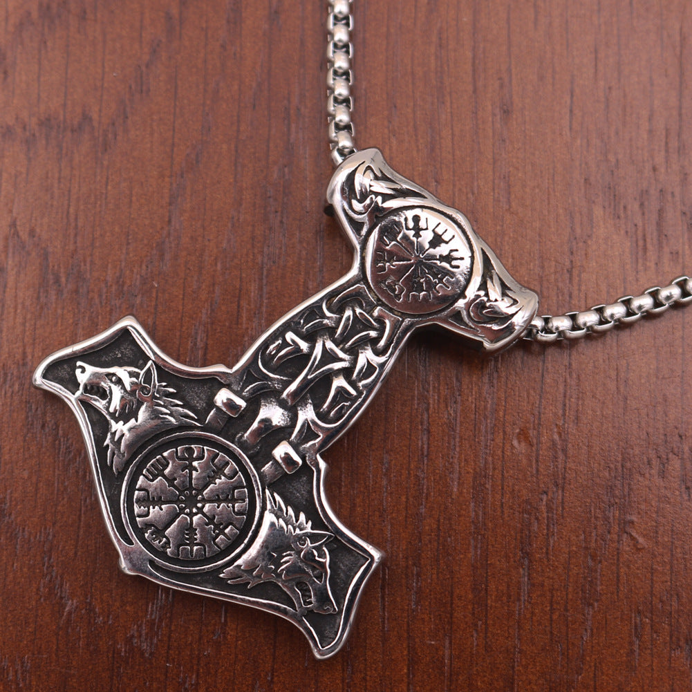 Viking Odin Hammer Wolf Head Pendant Necklace - Titanium Steel Jewelry for Men