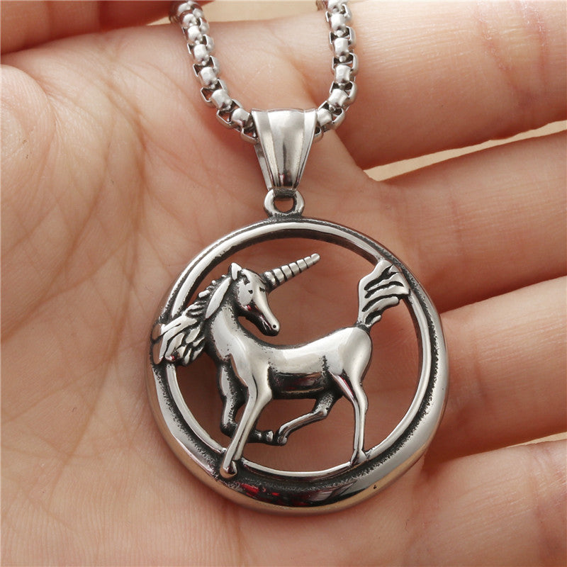 Titanium Steel Unicorn Pendant Necklace for Men - Retro Punk Animal God Design