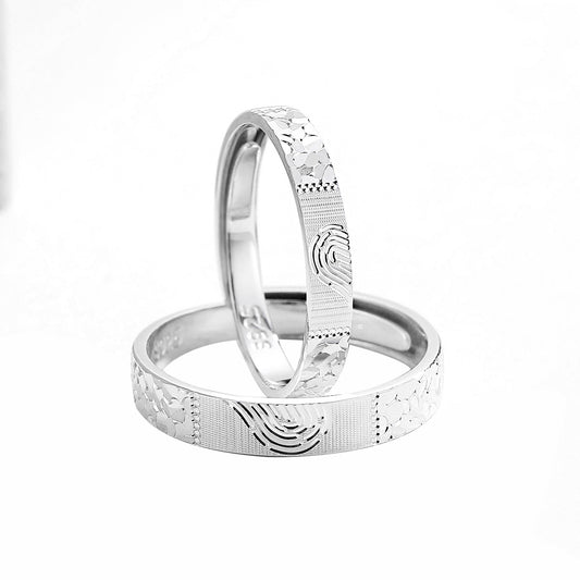 Planderful Jewelry Sterling Silver Fingerprint Couple Ring For Men And Women Adjustable Open Band