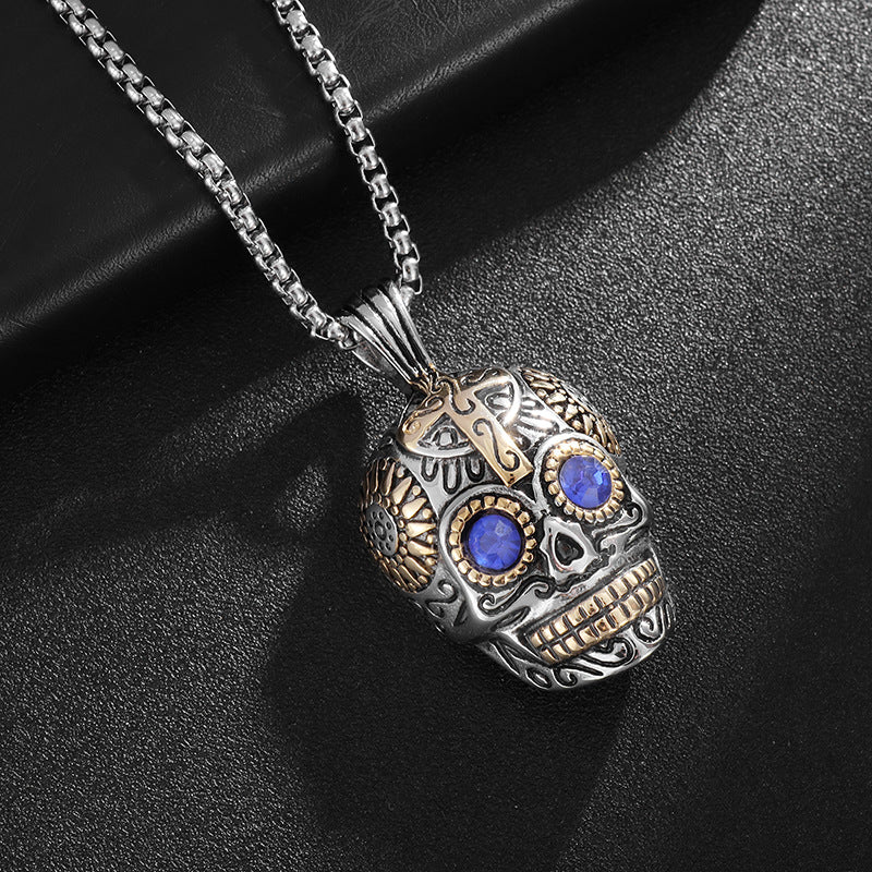 Planderful Skull Pendant Necklace Stainless Steel Gold Plated Blue Green Eyes Punk Jewelry For Boho Rockers