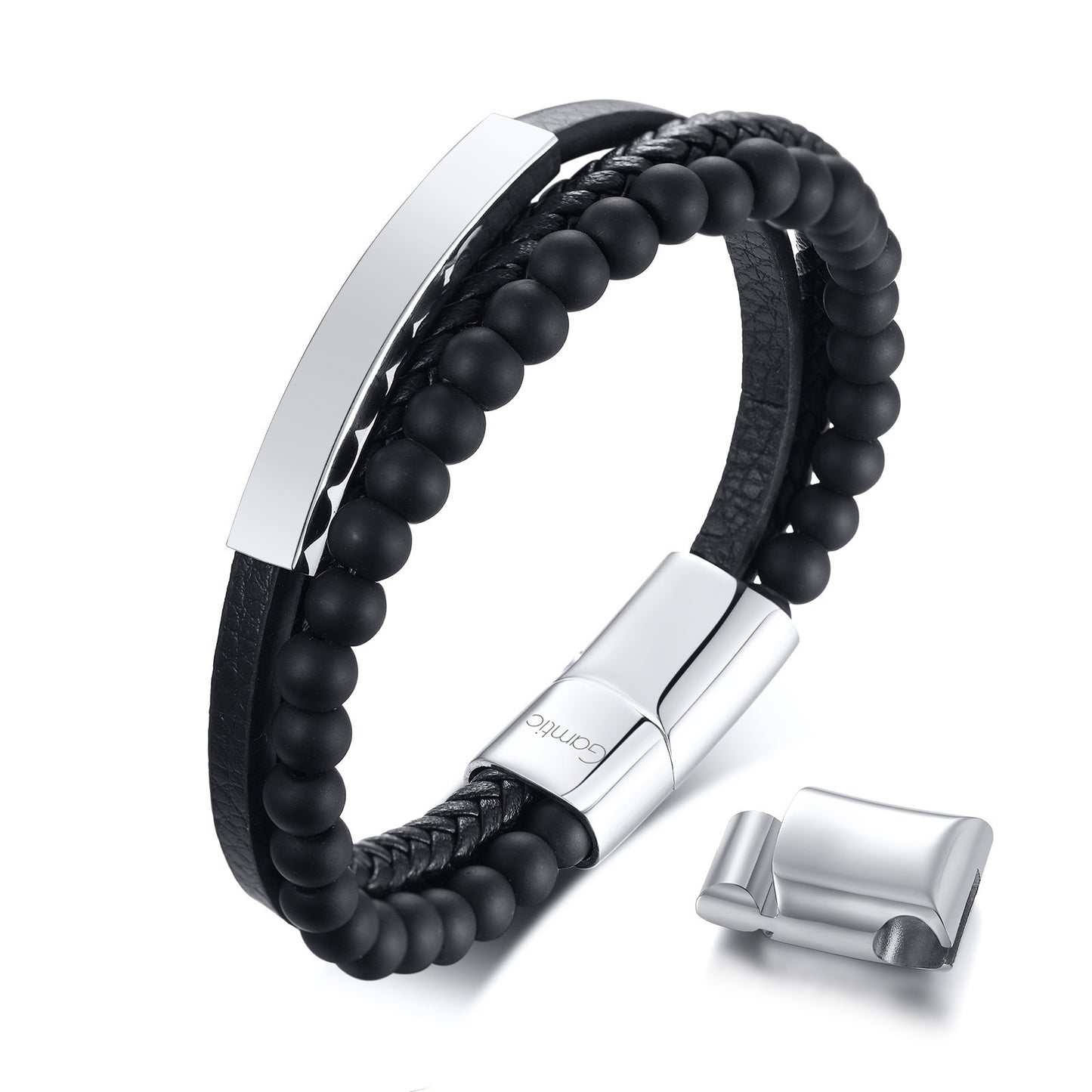 Stainless Steel Curved Brand Matte Agate Leather Bracelet