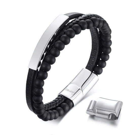 Stainless Steel Curved Brand Matte Agate Leather Bracelet