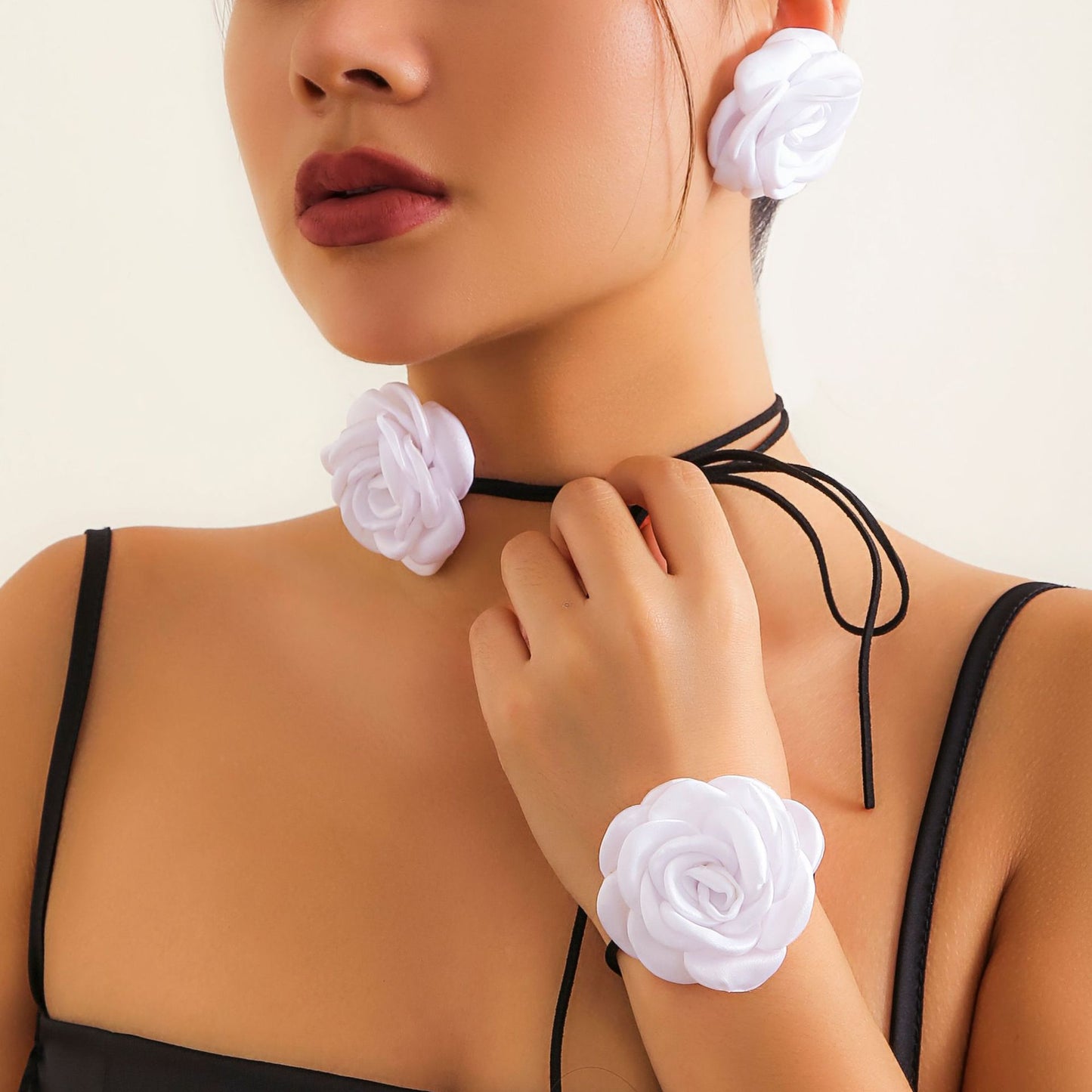 European and American Vintage Rose Velvet Choker Necklace with Satin Flowers for Women's Hair Accessory Set